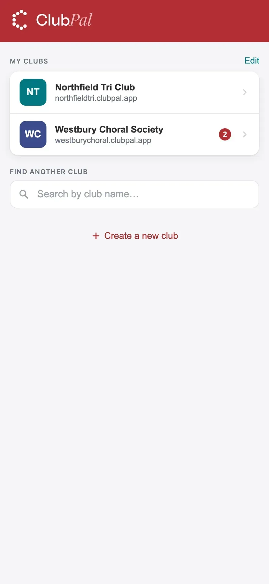 The ClubPal app club selector, showing two clubs