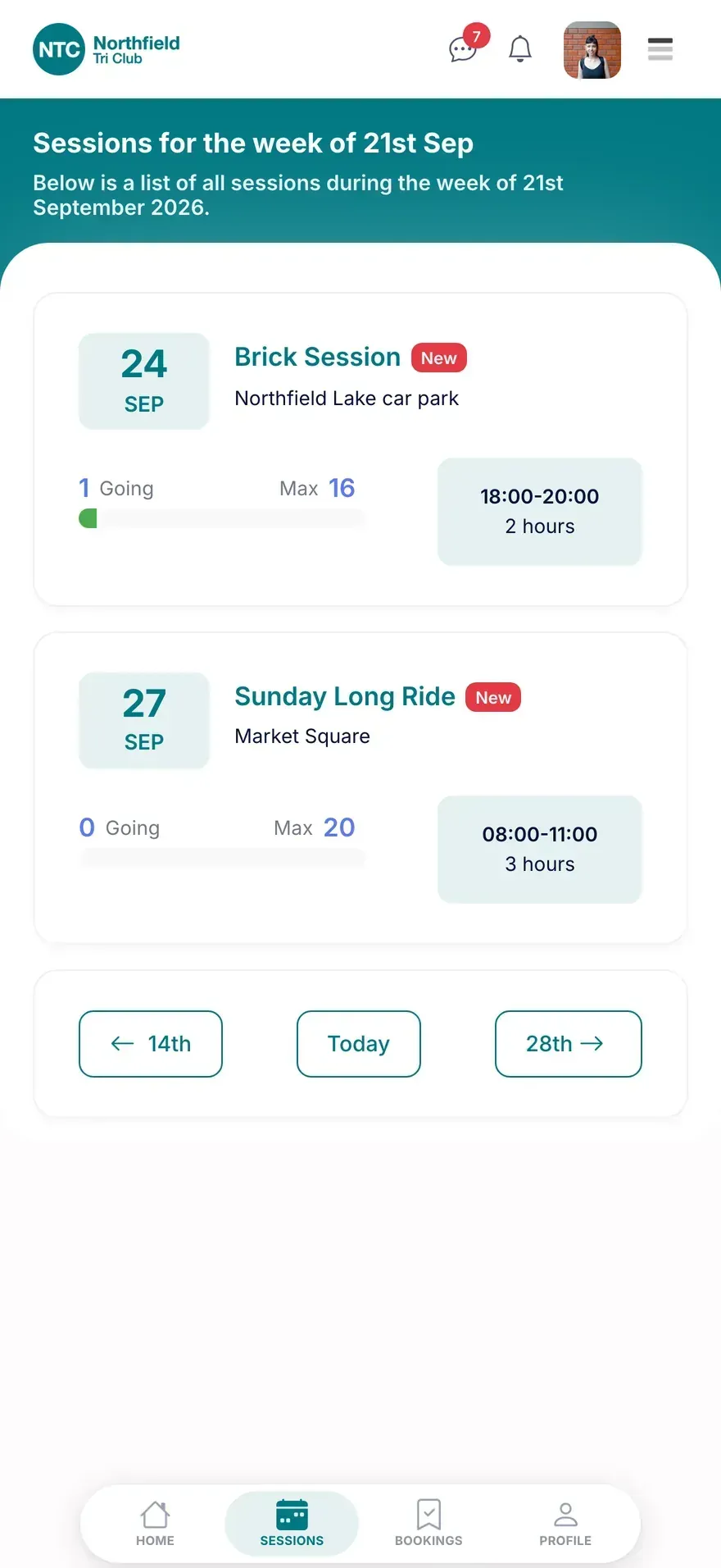 A list of upcoming club sessions in the ClubPal app