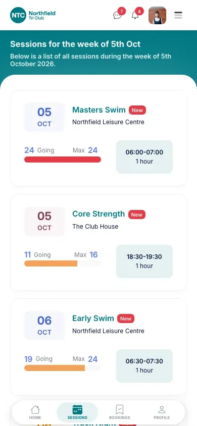 A member's week of club sessions on a phone, each showing how many are going against the maximum, with a full session's bar in red