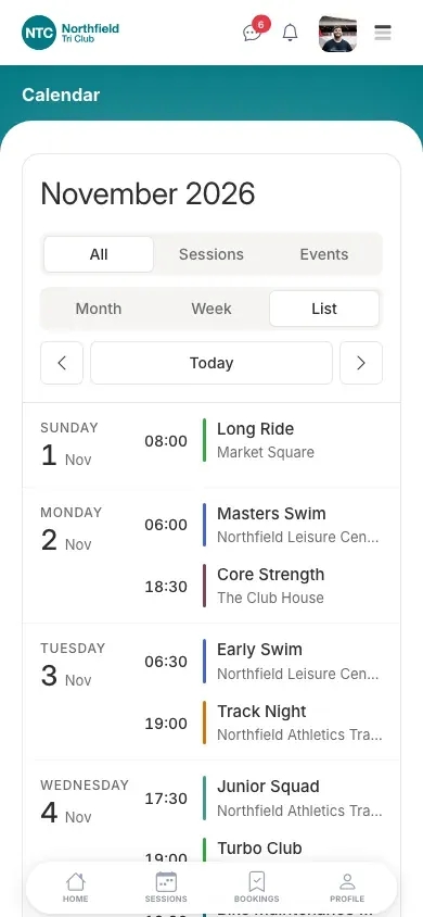 A club calendar on a phone, listing each day's sessions and events with start time and venue
