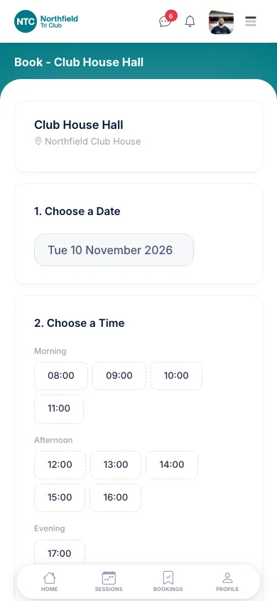 Booking the club house hall on a phone, choosing a date and then one of the free start times