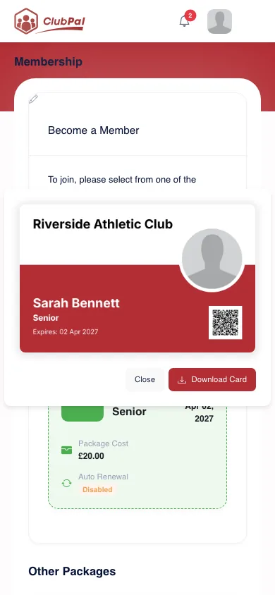 A member's digital membership card, showing their package, expiry date and check-in QR code
