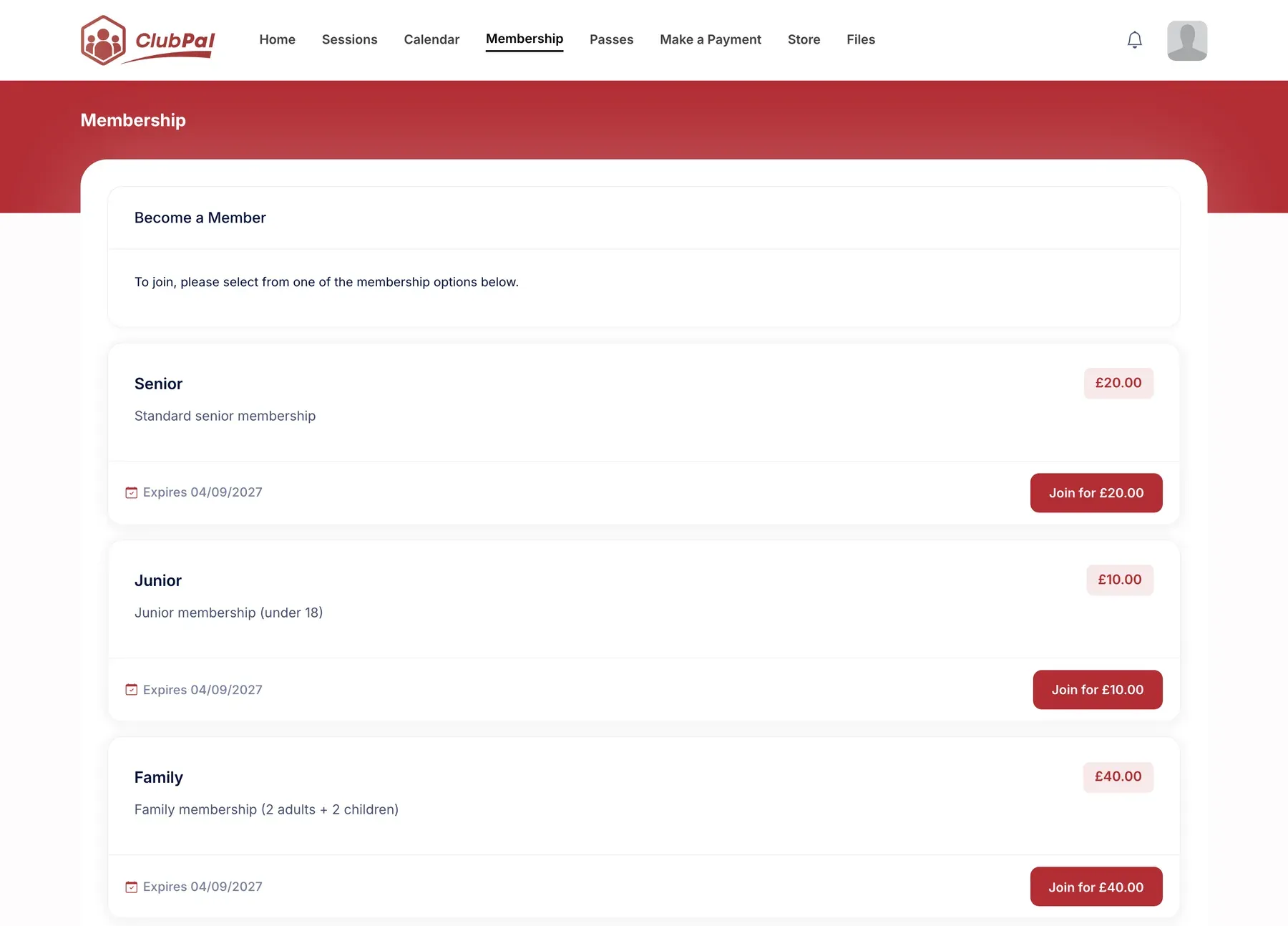 A club's membership page listing Senior, Junior and Family packages, each with its price, description and a join button
