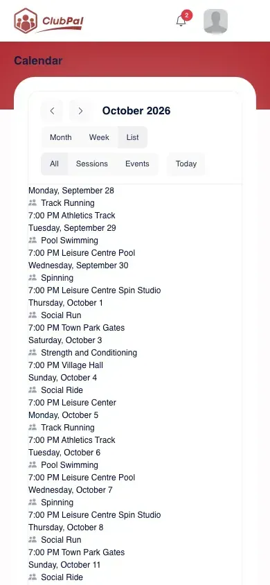 A club's session schedule on a phone, listing each session with its start time and venue