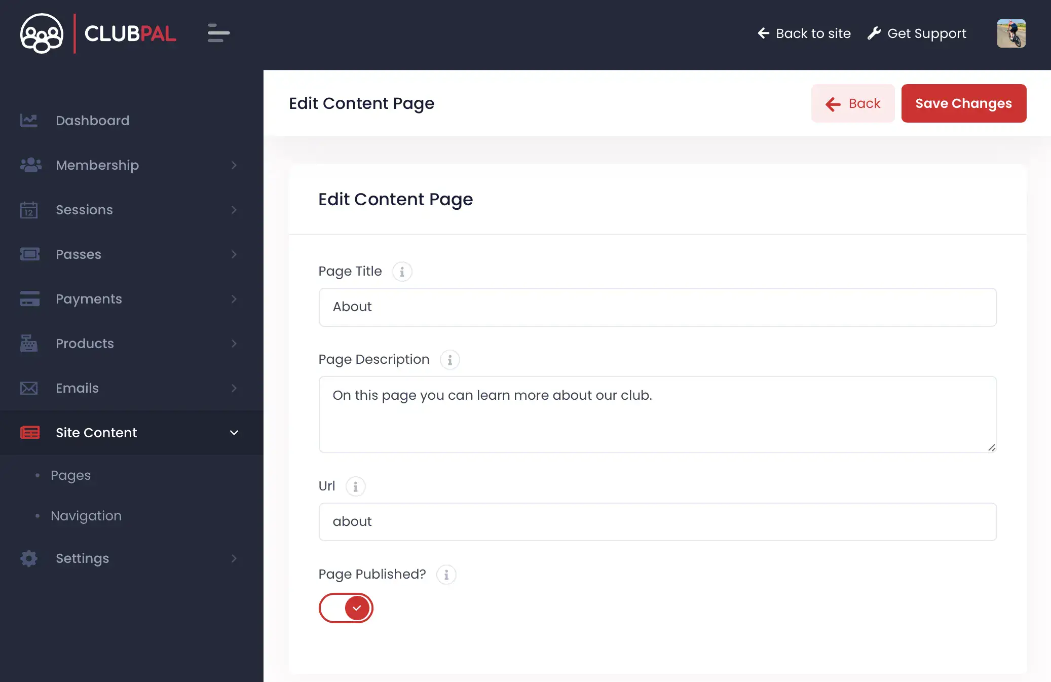 ClubPal's custom page creation interface showing the simple form to add a new page to your sports club website