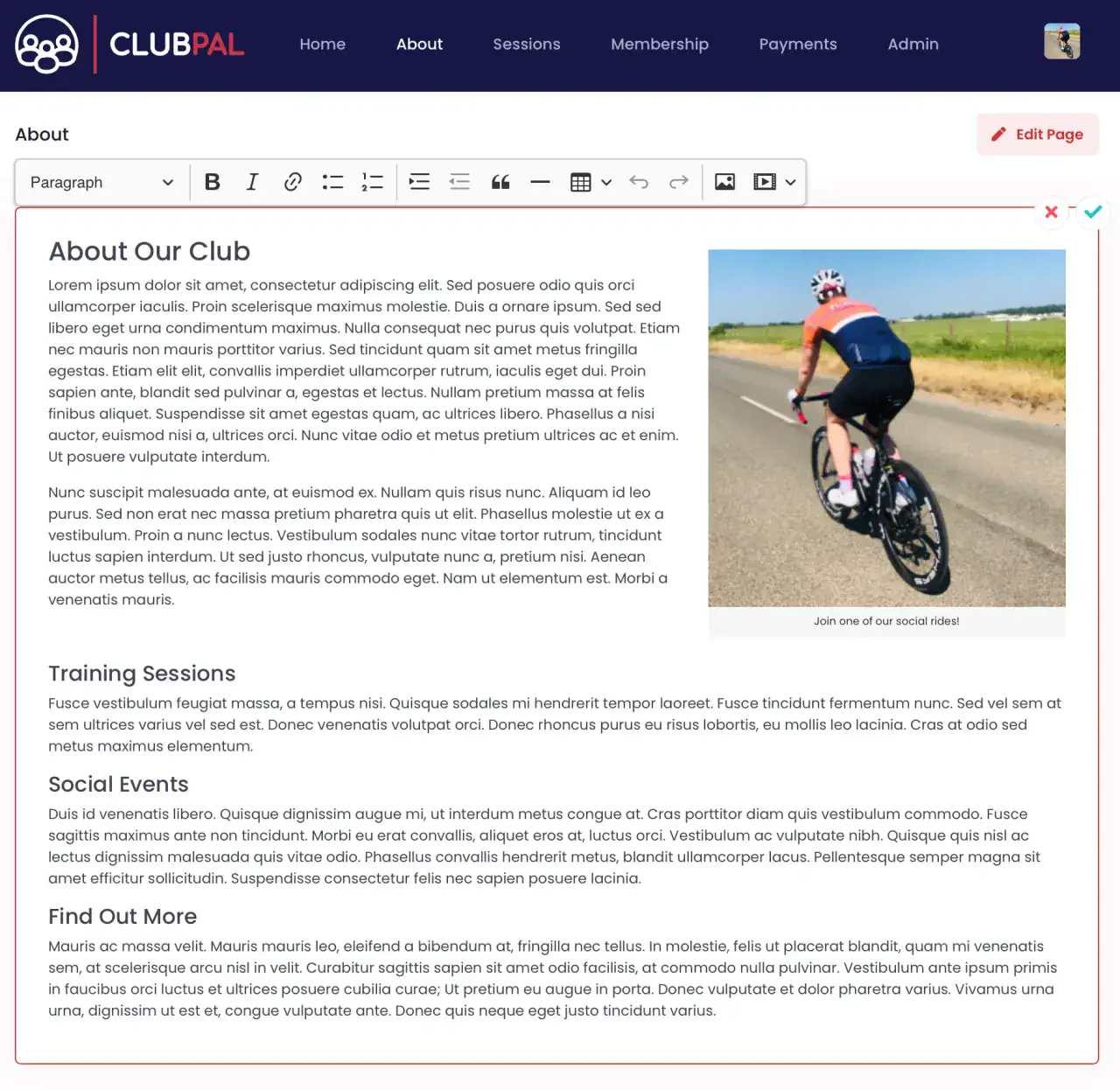 ClubPal's WYSIWYG editor showing formatting tools for creating professional sports club website content