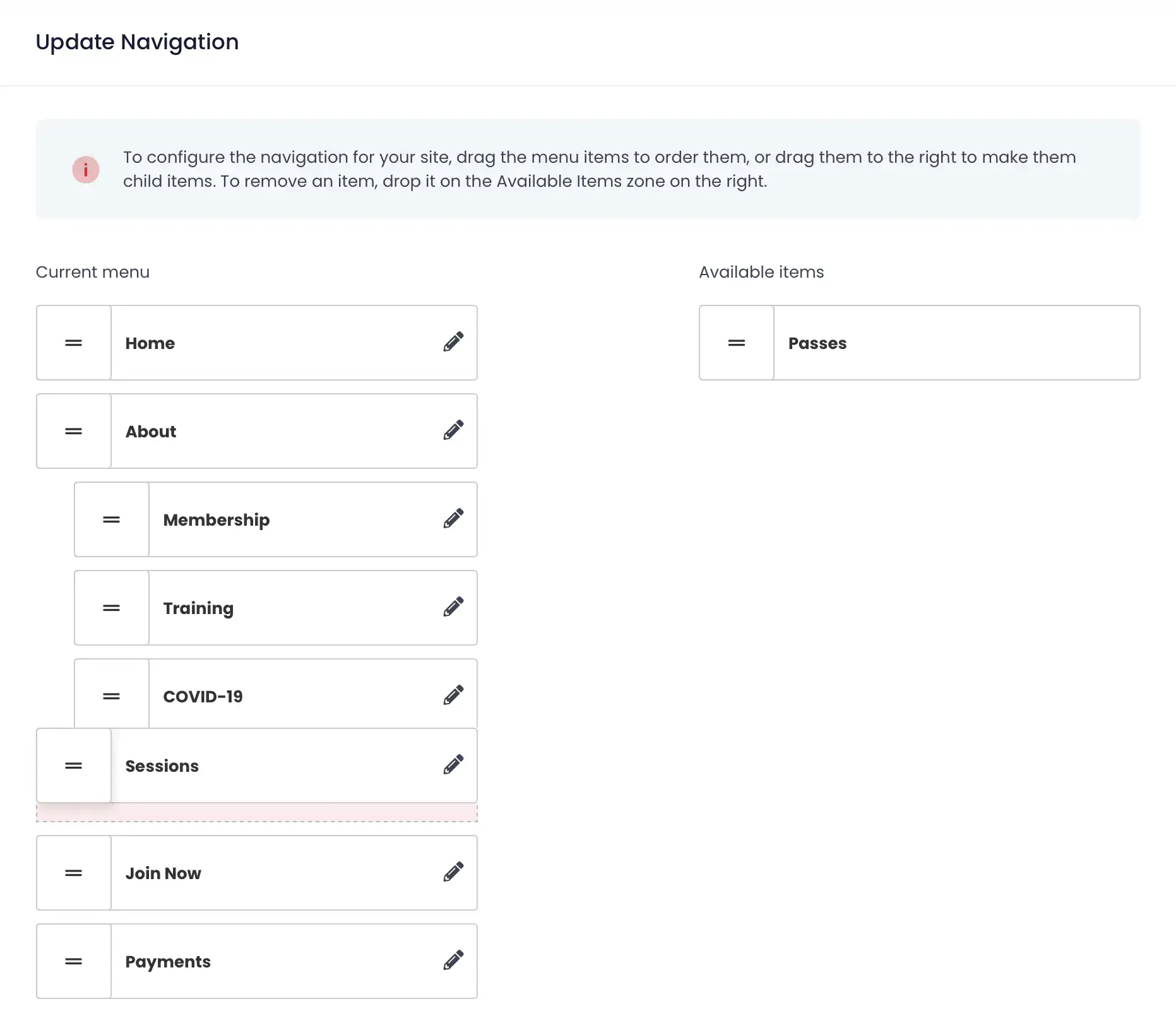 Drag-and-drop navigation menu builder for sports club websites showing available pages and menu structure