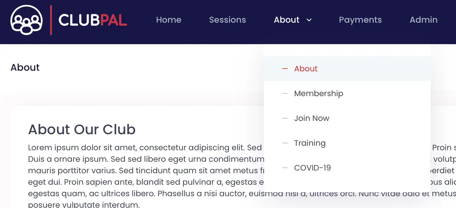 Sports club website navigation showing dropdown menu with nested pages for organized site structure