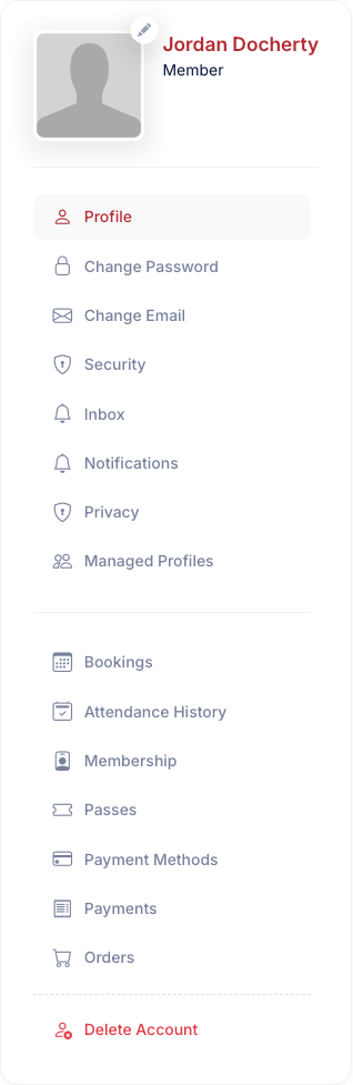 The member account sidebar listing Profile, Change Password, Change Email, Security, Inbox, Notifications, Privacy, Managed Profiles, then Bookings through Orders, with Delete Account in red at the bottom