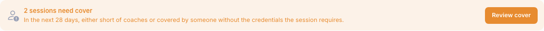 A prompt on the admin dashboard reading that sessions need cover, with a Review cover button