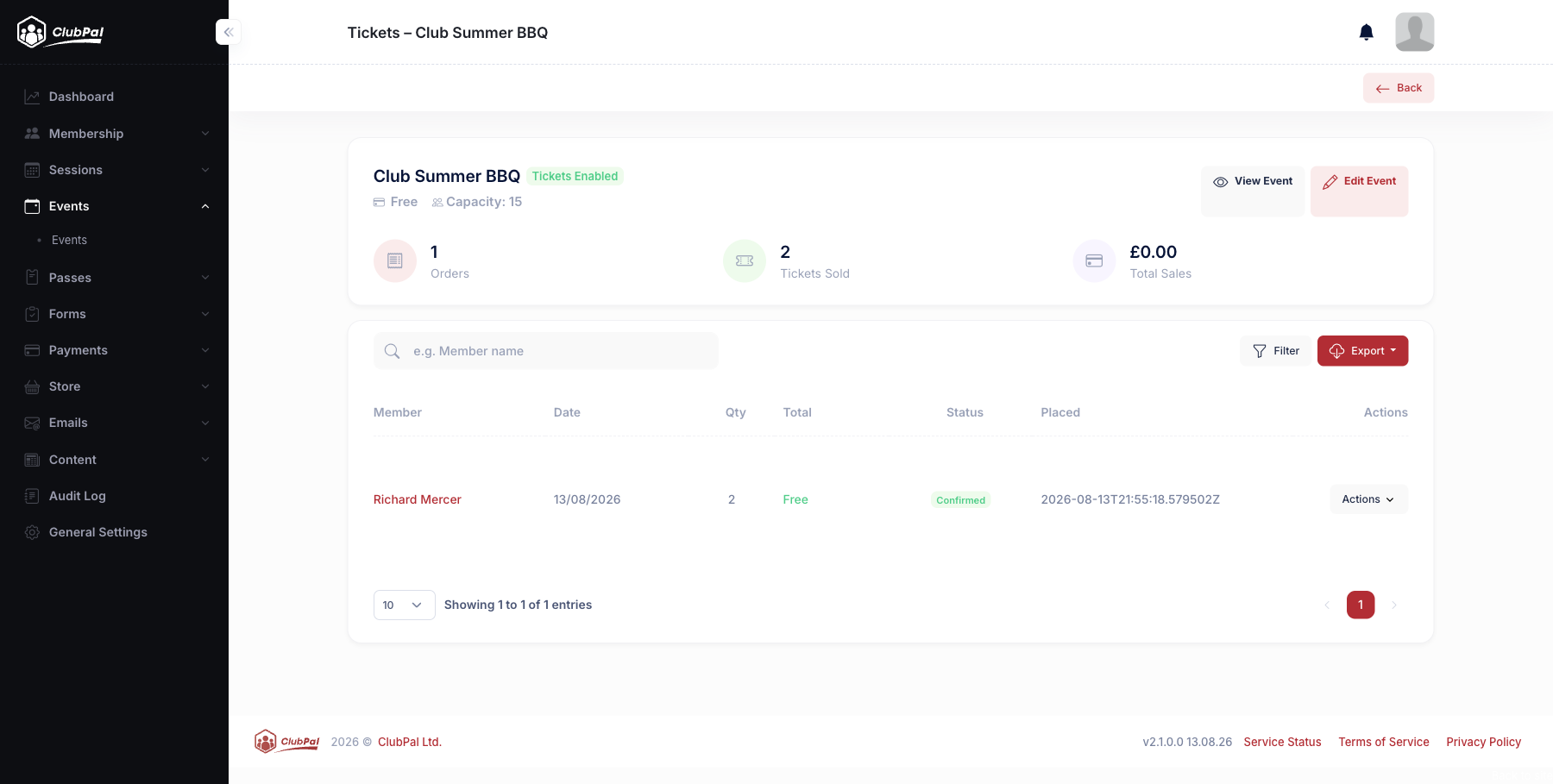 The admin ticket orders list for an event, showing member, quantity, total, and status columns