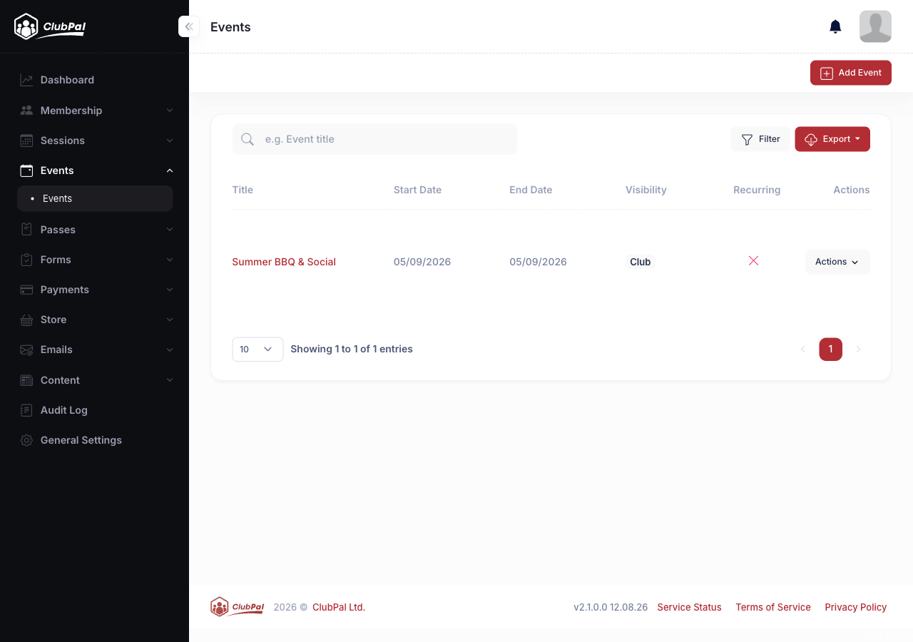 The admin Events list showing title, dates, visibility, and recurring status