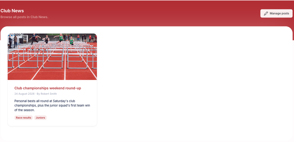 The public blog listing showing a post card with its featured image, date, author, excerpt and tags