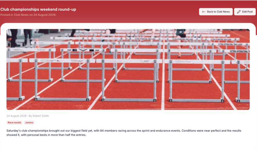 A published post on the public site, with its featured image, date and author, tags, and body text