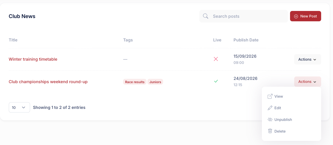 The post list showing a scheduled post that is not yet live and a published post that is, with a post's Actions menu open