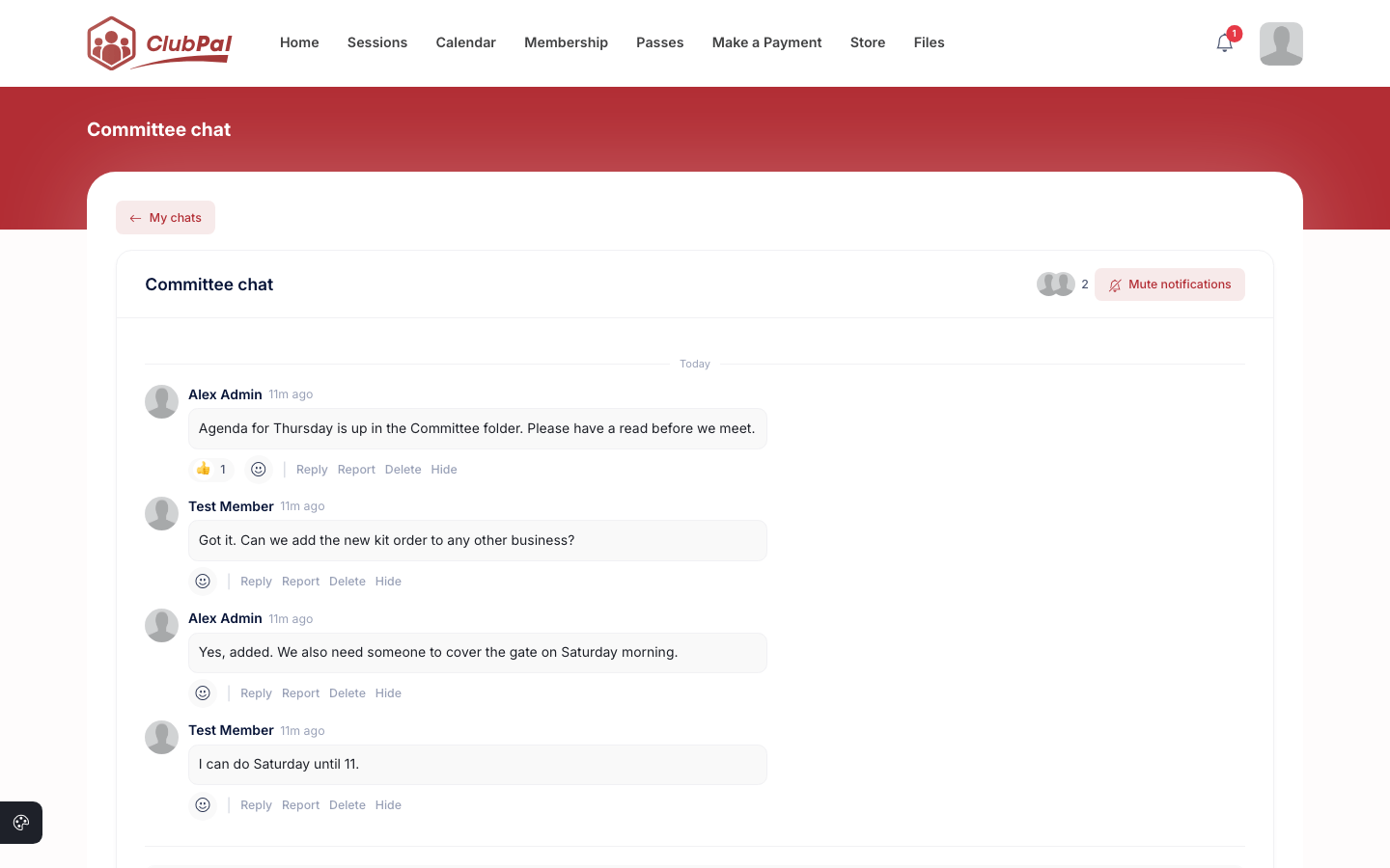 A channel conversation with four messages from two members, a thumbs up reaction on the first, and Reply, Report, Delete and Hide actions under each