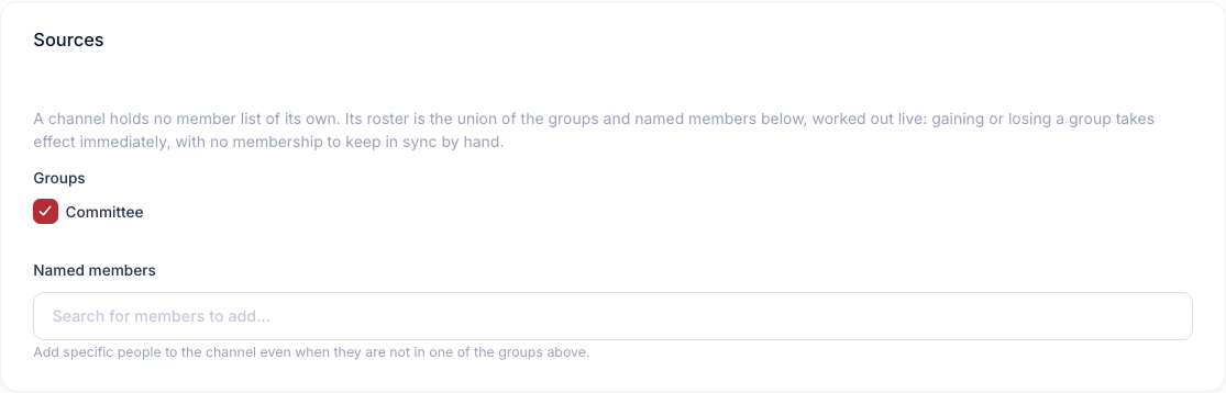 The Sources section of a channel with the Committee group ticked and a search box for adding named members