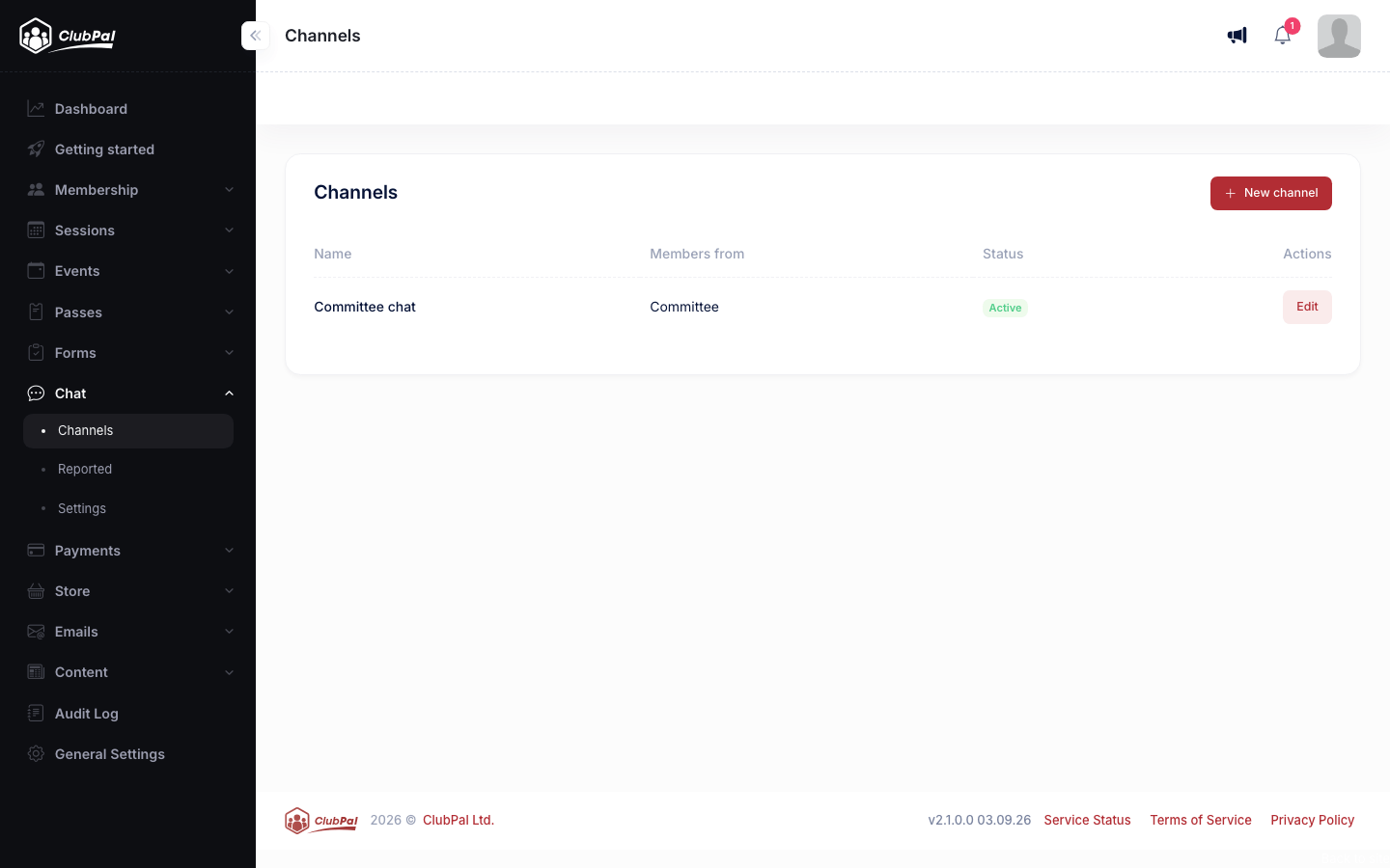 The Channels admin page listing each channel with the groups it draws its members from and its status