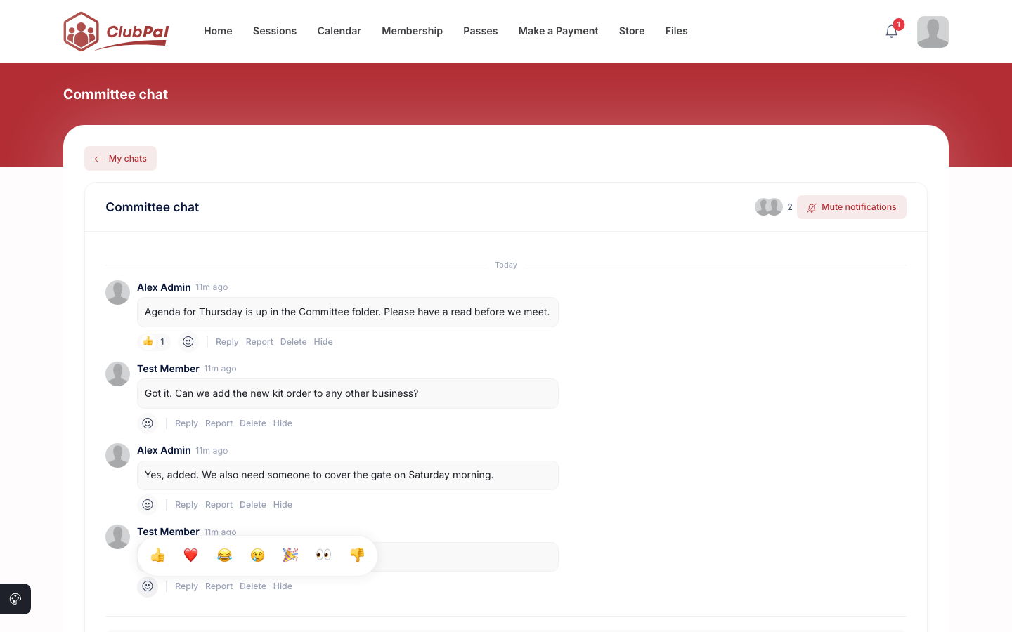The reaction picker open under a message, offering seven emoji
