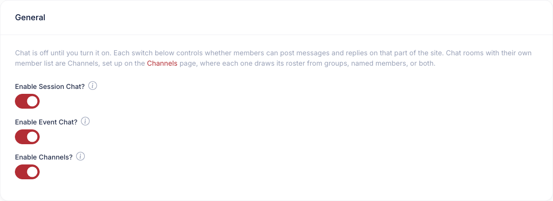 The chat settings page with three switches: Enable Session Chat, Enable Event Chat and Enable Channels