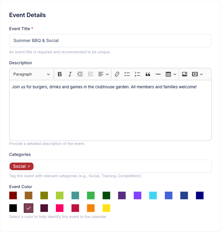 The Create Event form showing the title, description, categories, and colour fields