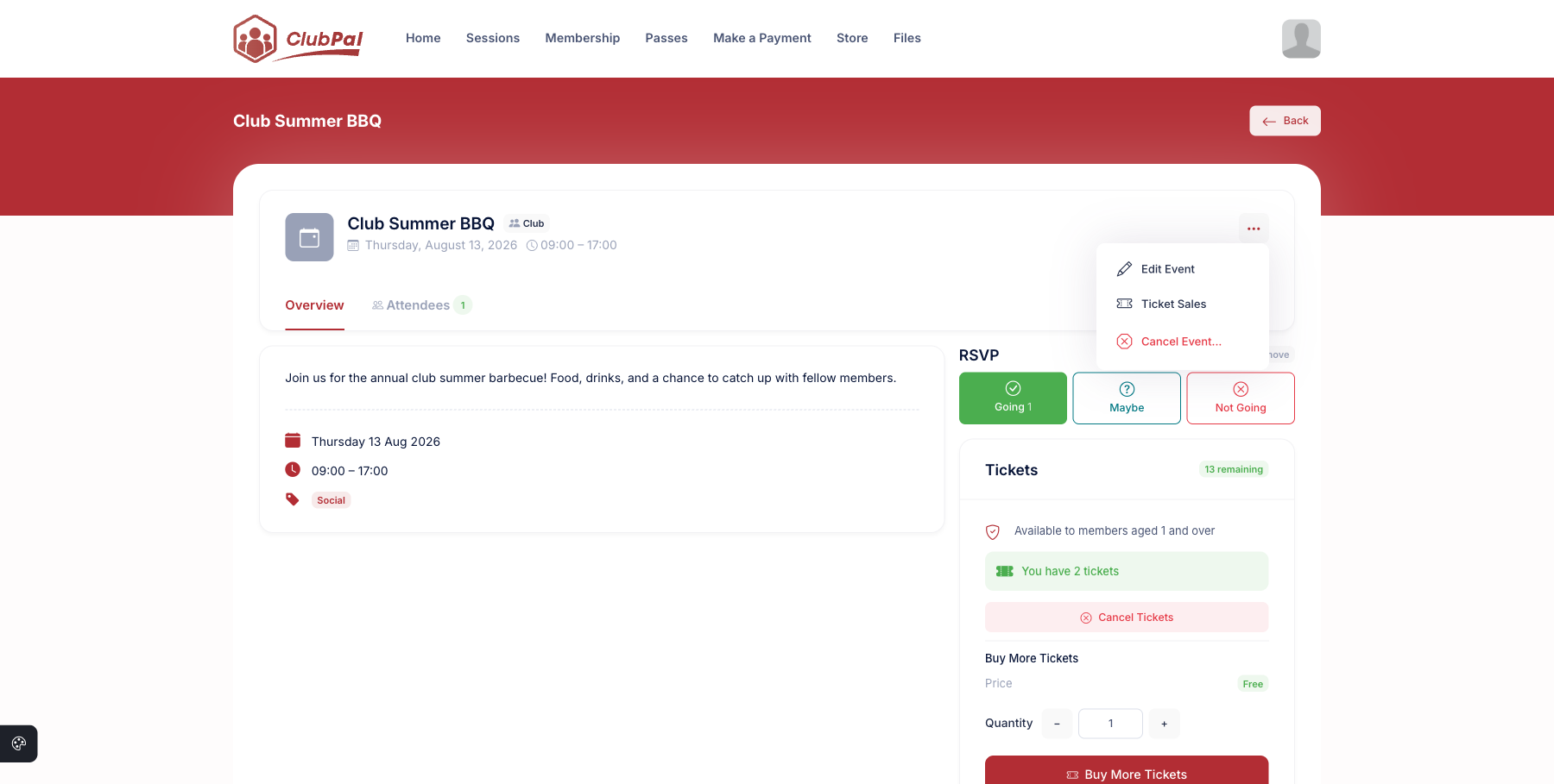 The event actions menu showing Edit Event, Ticket Sales, and Cancel Event options
