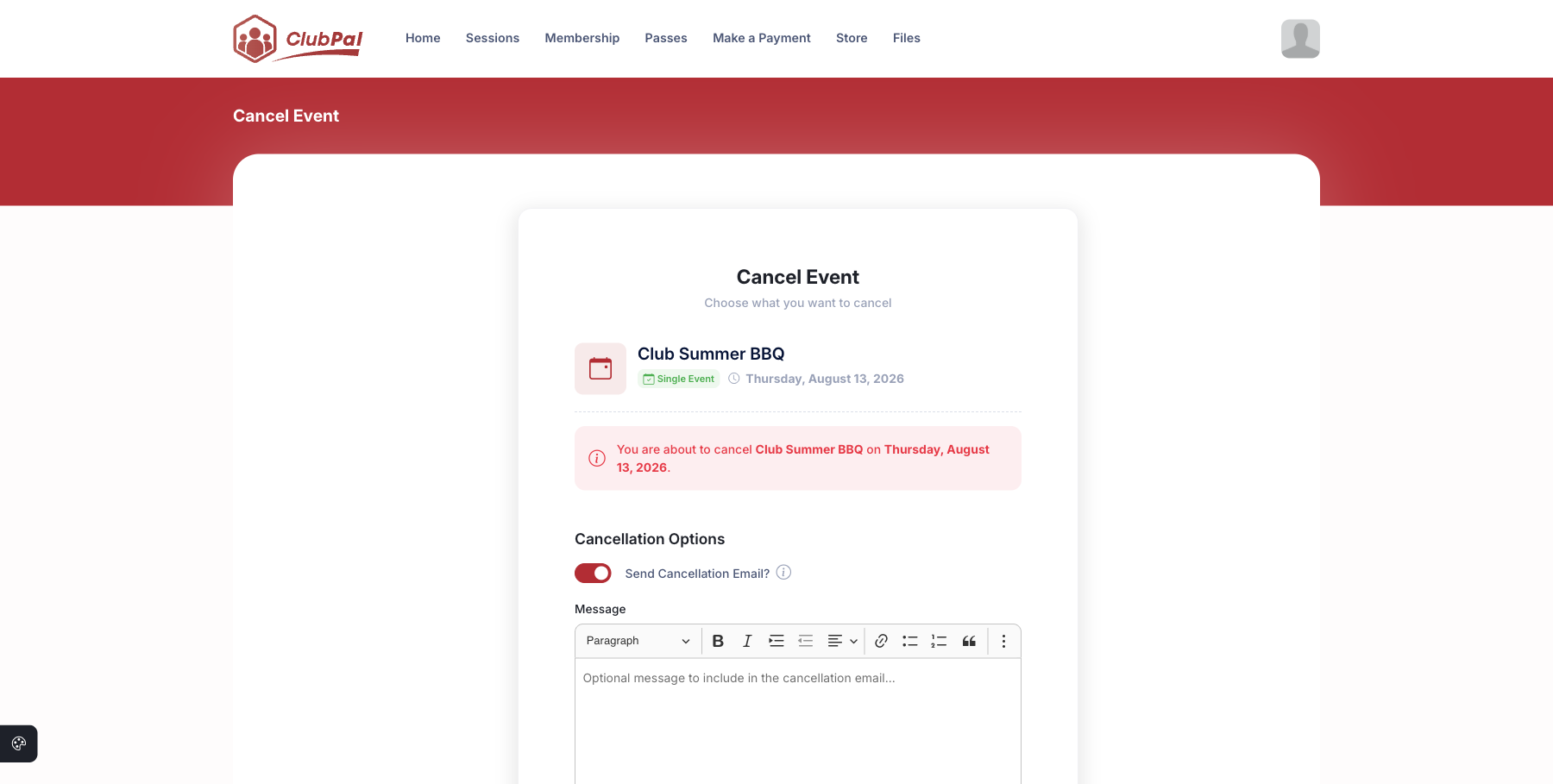The Cancel Event page showing cancellation options, a message field, and a required cancellation reason