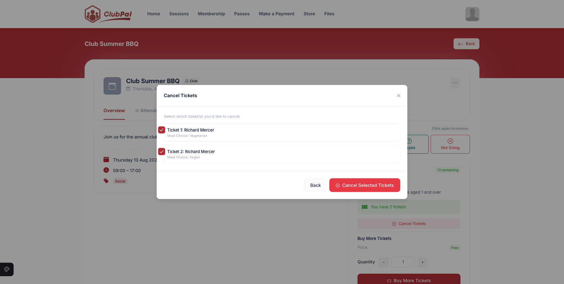 The Cancel Tickets modal showing two tickets with their Meal Choice answers and checkboxes to select which to cancel