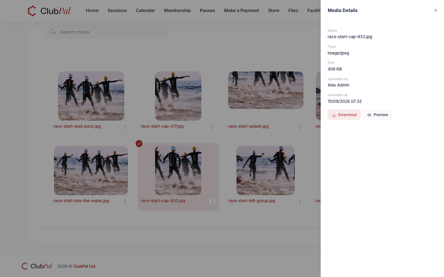 The Media Details side panel open over the event gallery, listing a photo's name, type, size, uploader and upload time, with Download and Preview buttons