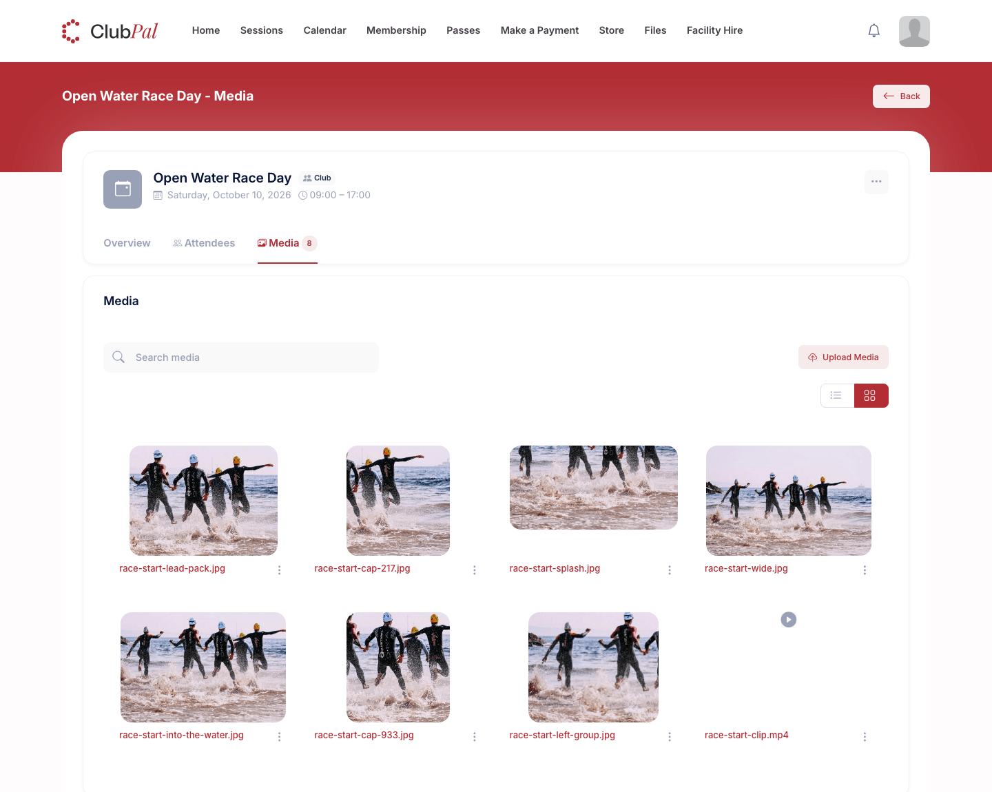 An event page with the Media tab selected, showing a grid of race-start photos and a video, with an Upload Media button above the grid