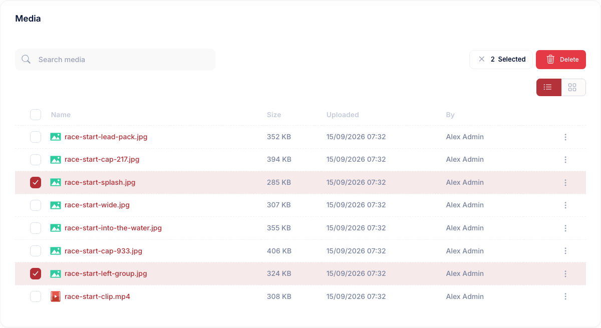 The event gallery in list view with two photos ticked, a toolbar reading 2 Selected and a red Delete button
