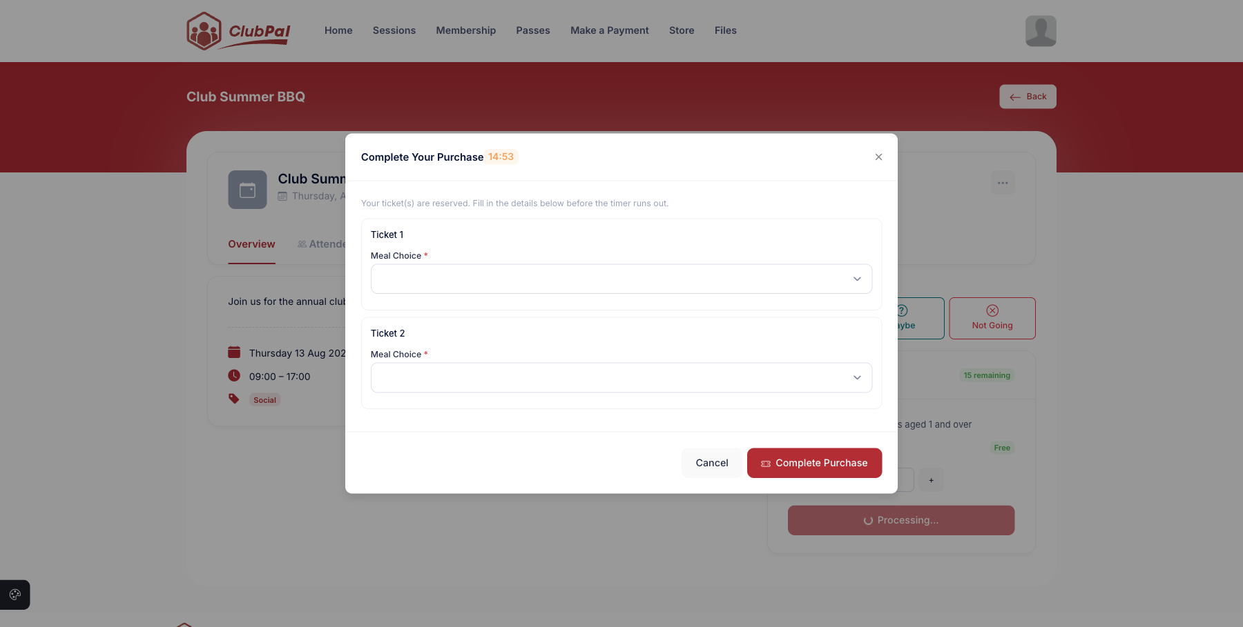 The Complete Your Purchase modal showing a countdown timer and a Meal Choice field for each of two tickets