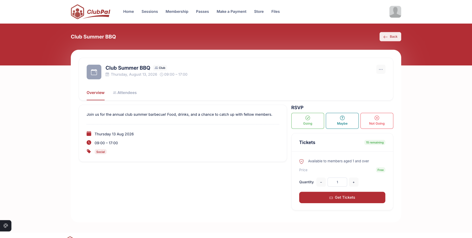 The RSVP and Tickets sidebar on an event detail page showing quantity selector and Get Tickets button