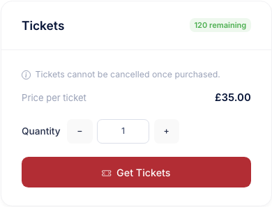 The Tickets card on an event detail page with the note Tickets cannot be cancelled once purchased above the price and Get Tickets button