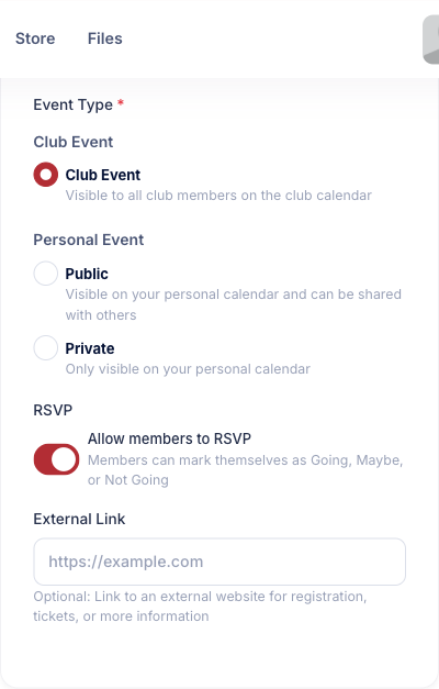 The Visibility & Settings card showing event type, RSVP, and external link options