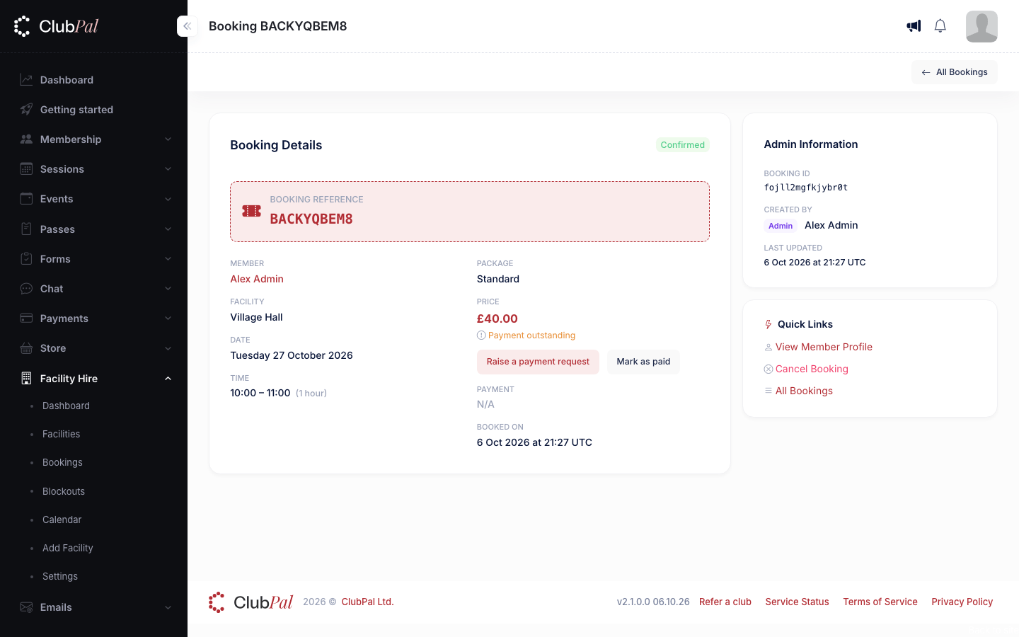 The admin page for an outstanding booking, with Raise a payment request and Mark as paid buttons under the price