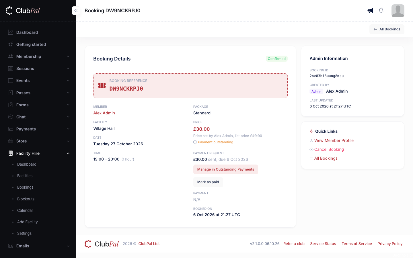 The admin page for a booking with a price of 30 pounds set by an admin, showing the list price of 40 pounds and an open payment request with its due date