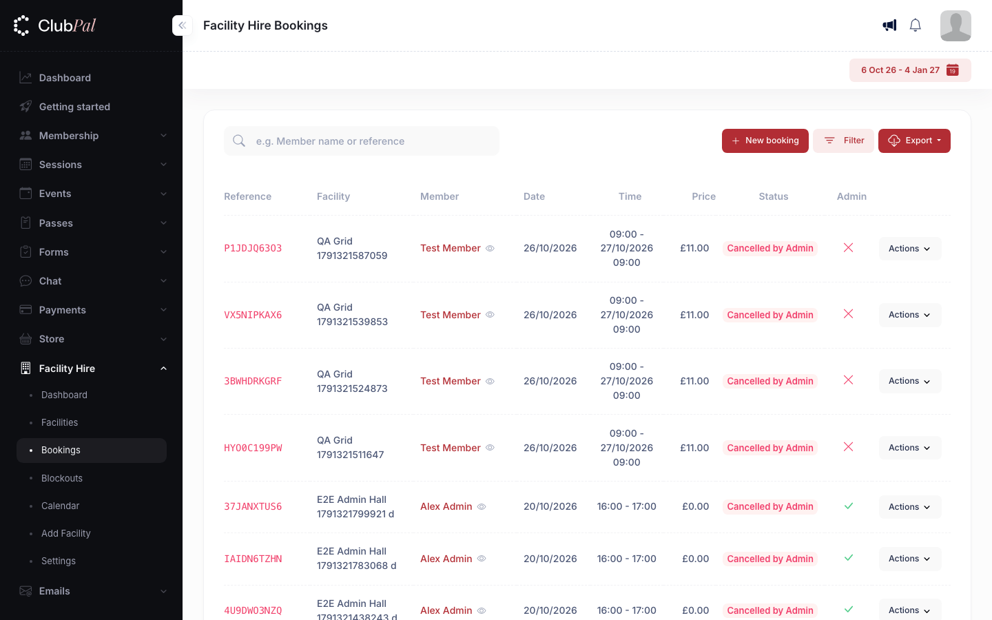 The admin bookings list with the New booking button at the top