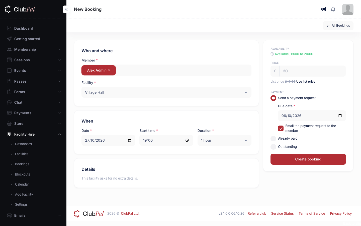 The New Booking page with a member, facility, date, start time and duration chosen, a price of 30 pounds with the list price of 40 pounds struck through, and the three payment choices