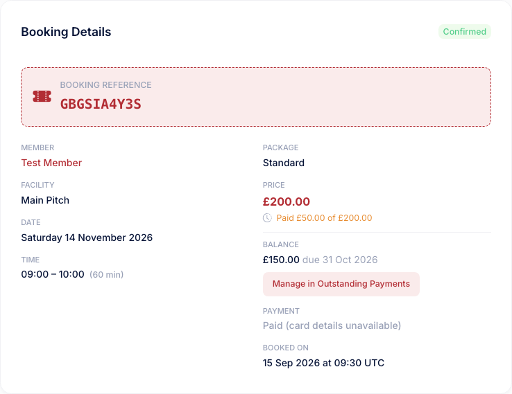 The admin view of a facility booking, showing Paid 50 pounds of 200 pounds and a Balance panel with 150 pounds due on a date and a Manage in Outstanding Payments button