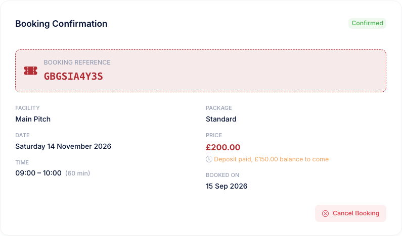 A member's facility booking page showing the booking as confirmed, with a line reading Deposit paid, 150 pounds balance to come