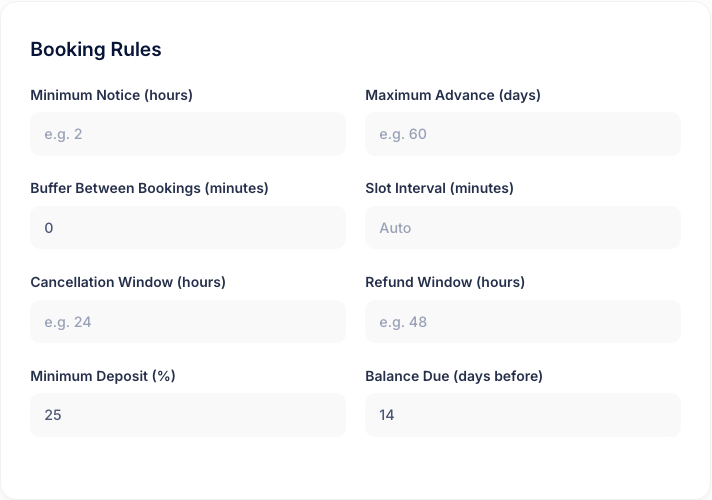 The Booking Rules card on the facility editor, with Minimum Deposit set to 25 percent and Balance Due set to 14 days before, beneath the notice, advance, buffer, cancellation and refund settings