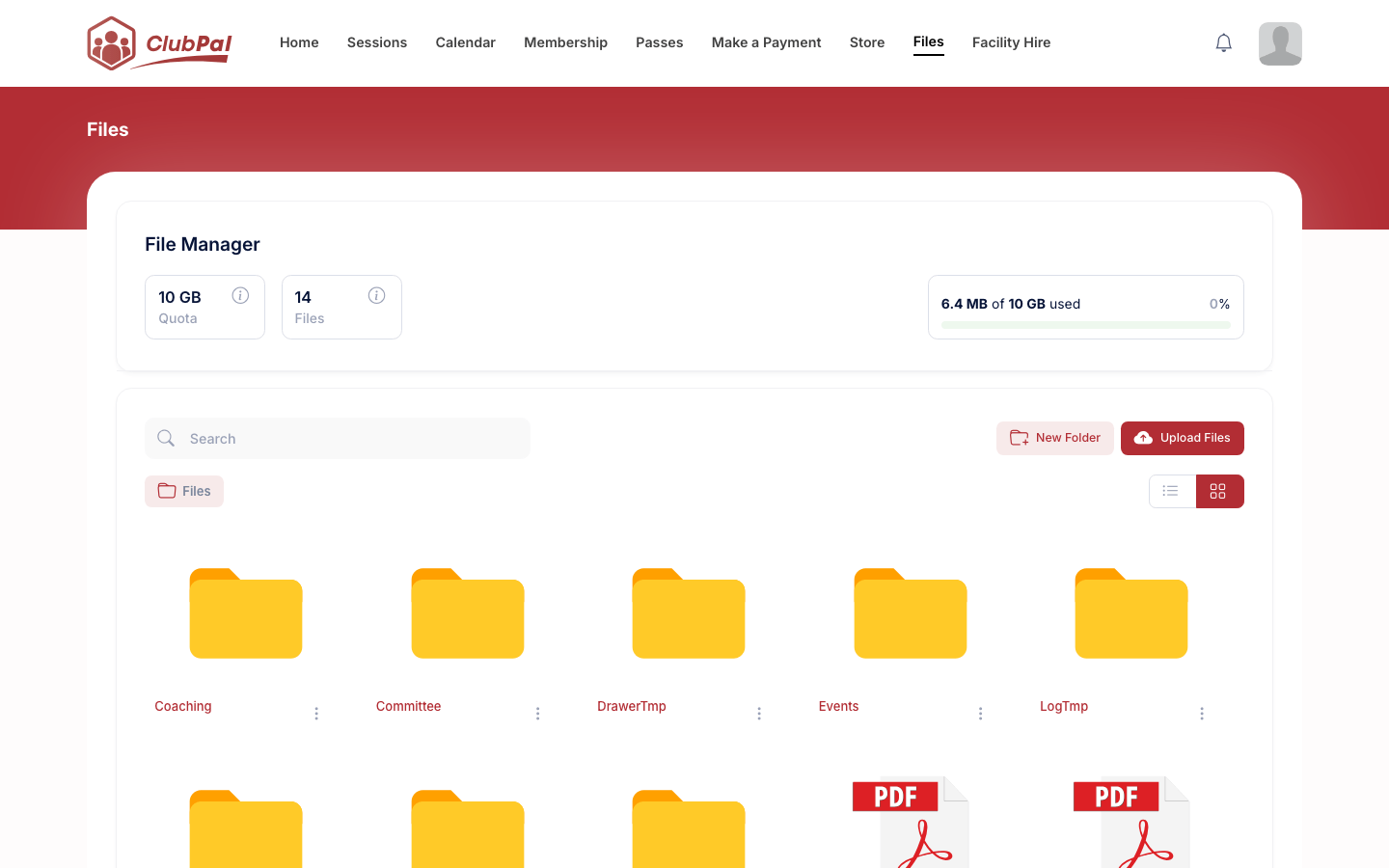 The File Manager in grid view, with folders and files shown as tiles
