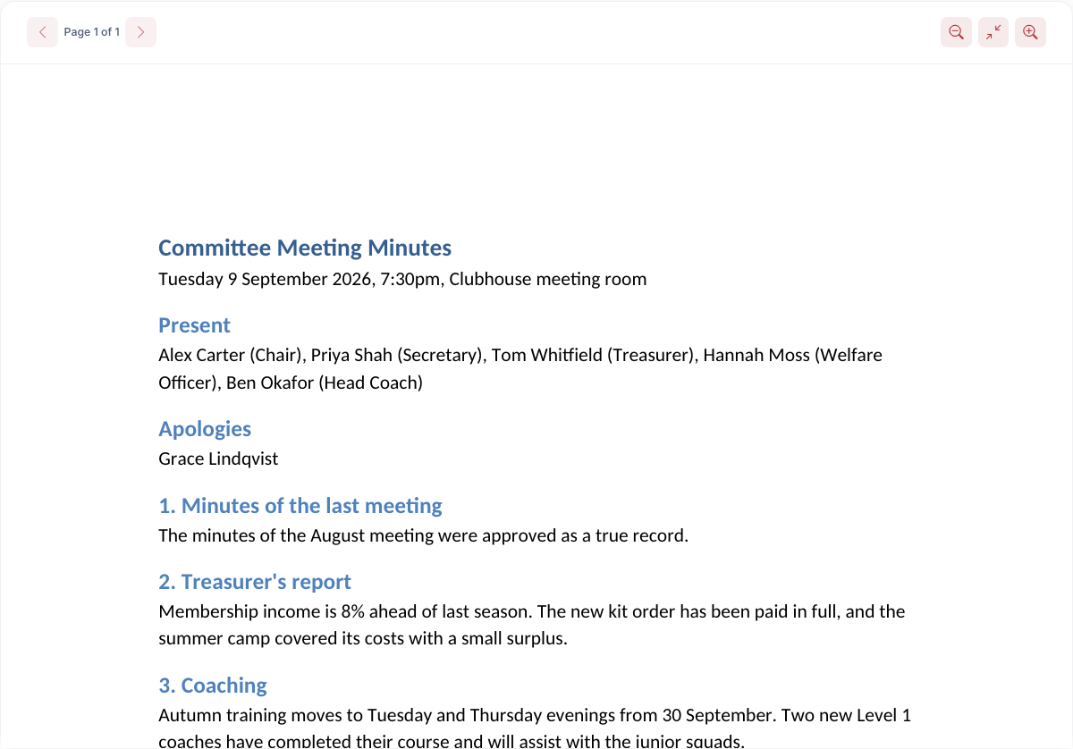 A Word document of committee meeting minutes shown in the file viewer, with page and zoom controls above it