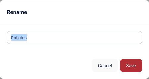 The Rename dialog with the current folder name selected, and Cancel and Save buttons