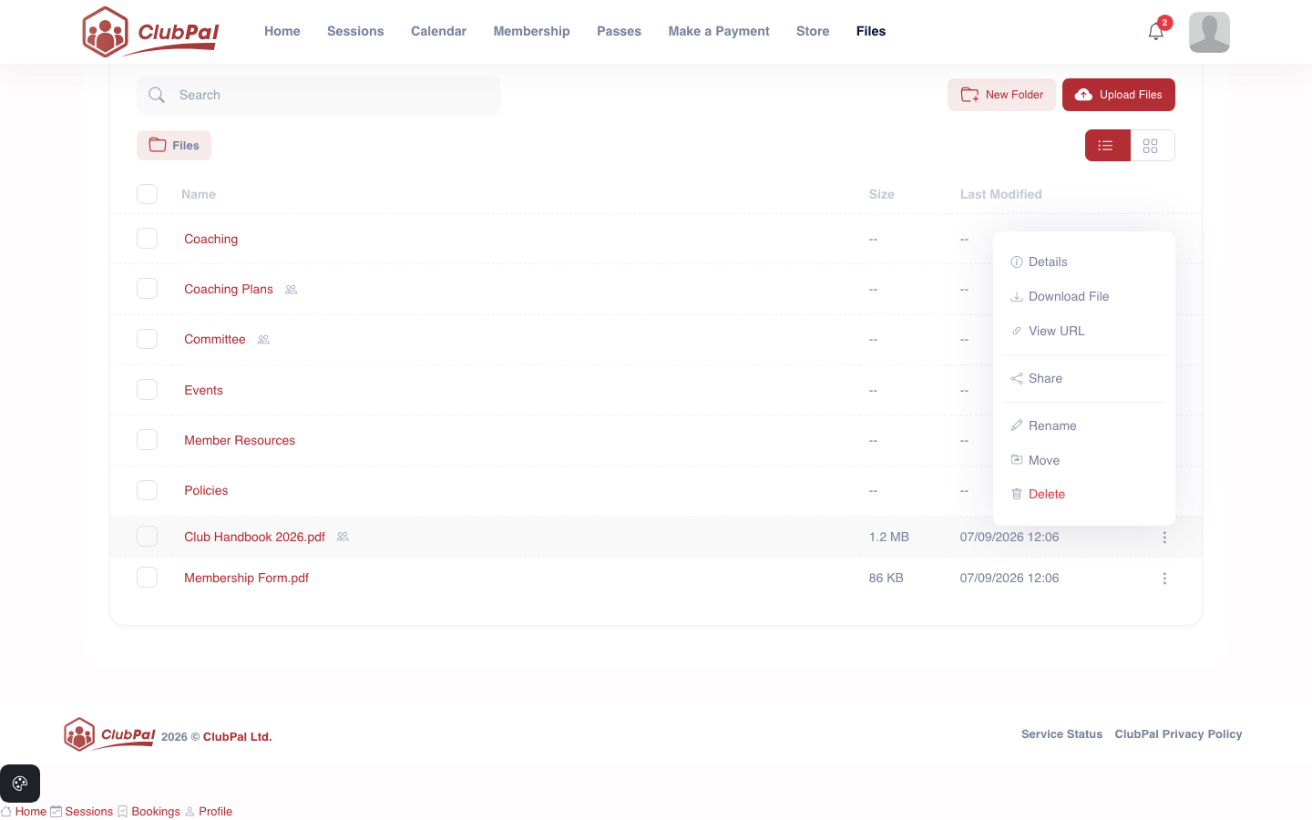 A file's three-dot menu open, listing Details, Download File, View URL, Share, Rename, Move and Delete
