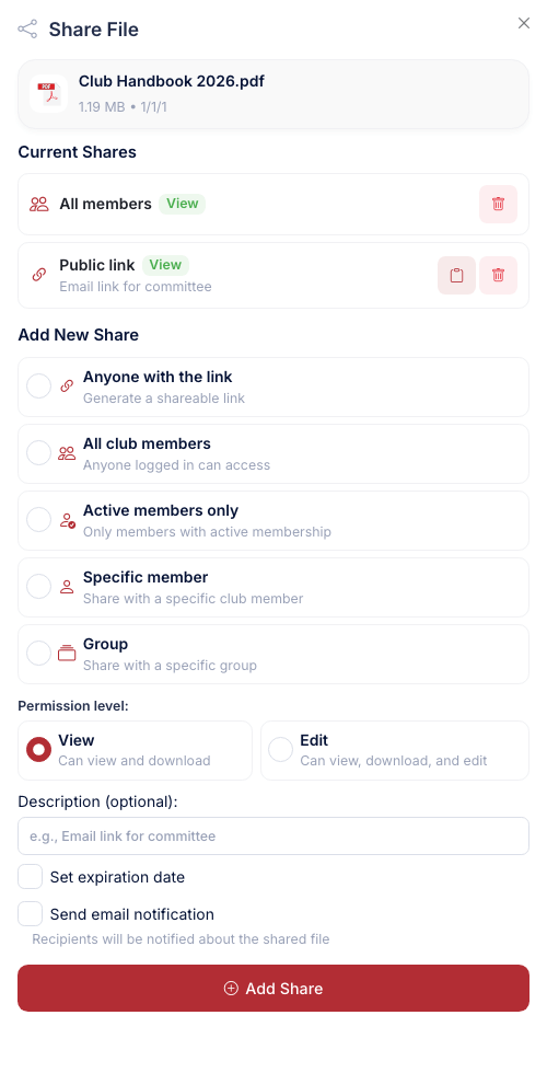 The Share File drawer showing Current Shares for a file and the Add New Share form beneath it
