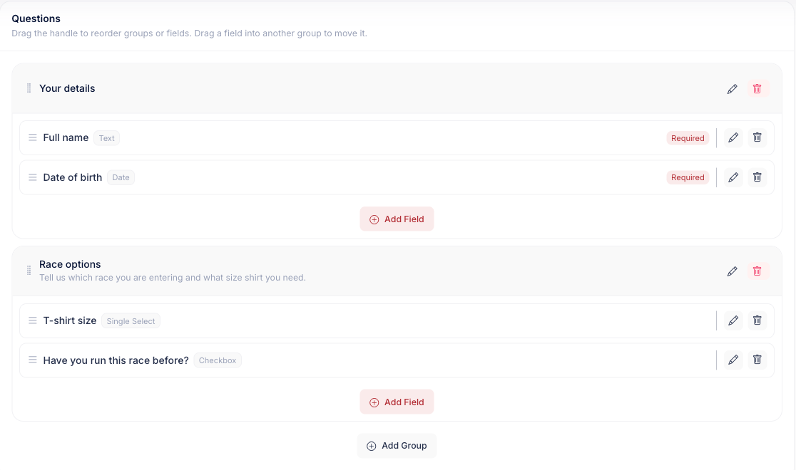 The Questions section with two groups, each listing its fields with their type and whether they are required