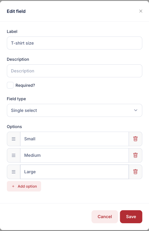 The Edit field dialog for a Single select question, with its label, field type, and a list of options