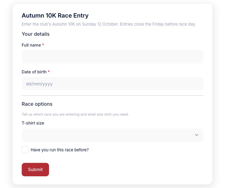 The published form as a respondent sees it, with its description, both question groups, and a Submit button